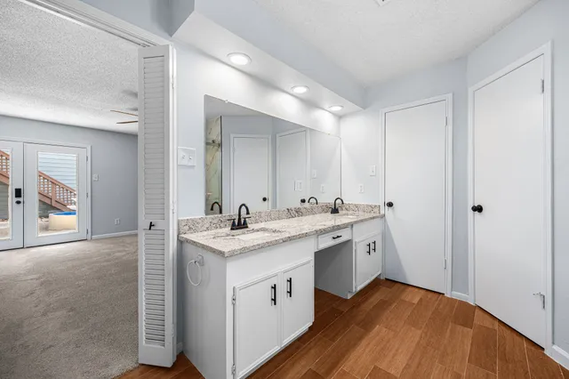 a view of a ceiling fan in a room