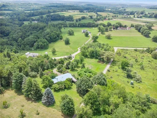 an aerial view of residential houses with outdoor space and trees
