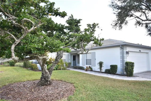 a view of a house with backyard and a tree