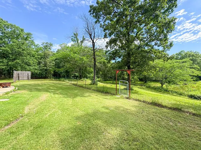 a view of a park with large trees