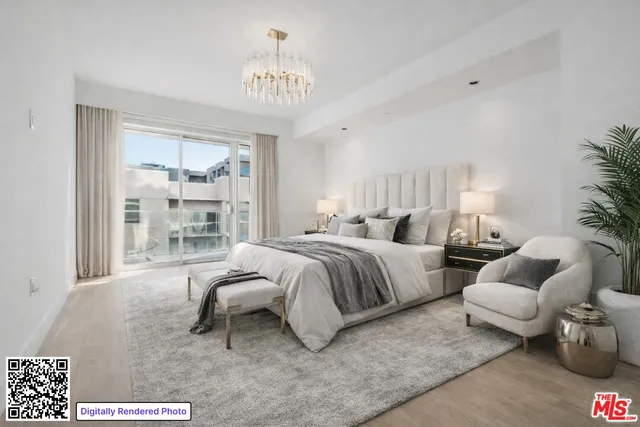 a spacious bedroom with a bed a couch and a potted plant on the dresser
