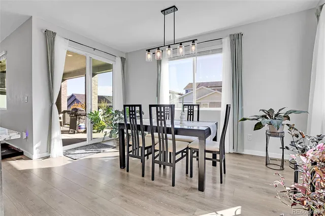 a view of a dining room with furniture window and wooden floor