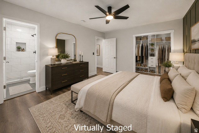 2693 Teal Way Sandy, UT 84093 - Photo 9 of 50 Bedroom featuring wood-finish flooring, a ceiling fan with integrated lighting, and a custom closet organization system
