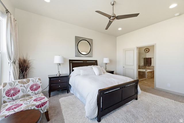 987 East Deer Arch Lane Draper, UT 84020 - Photo 24 of 46 Primary bedroom with carpet floors, ceiling fan, ensuite bathroom, and recessed lighting