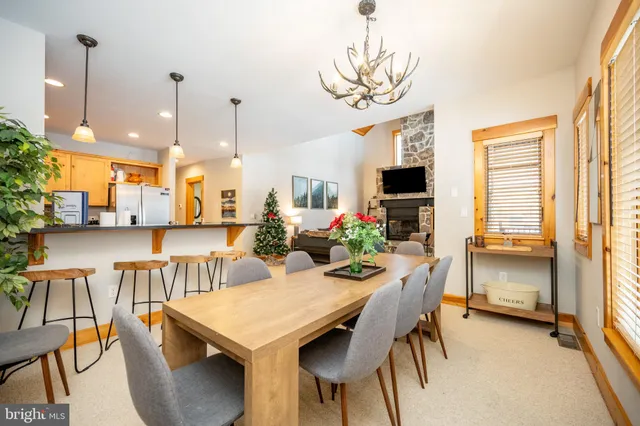 a view of a dining room with furniture