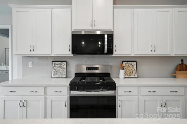 a kitchen with granite countertop white cabinets and stainless steel appliances