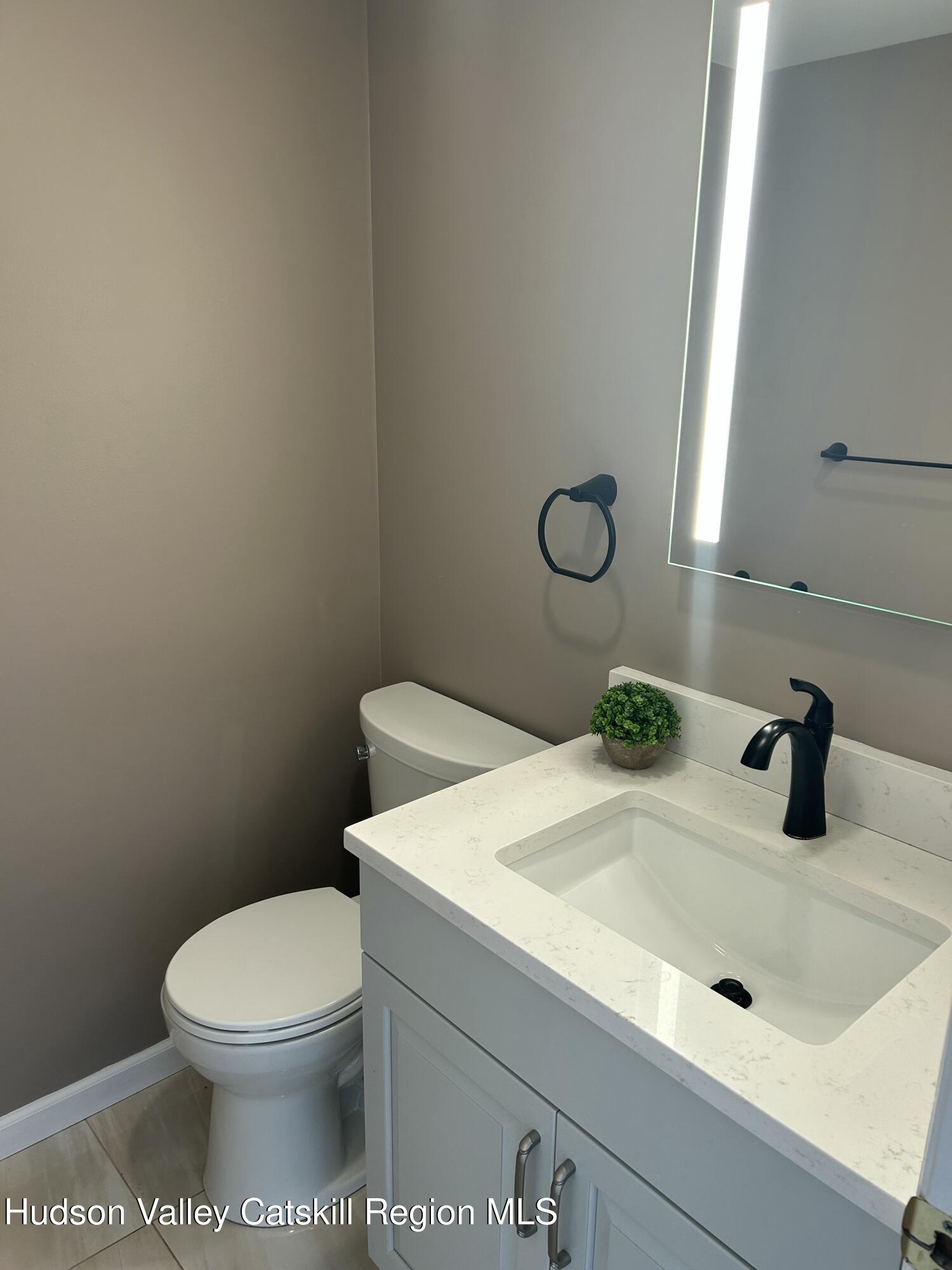 6 High Ridge Road New Paltz, NY 12561 - Photo 26 of 52 a bathroom with a sink a toilet and mirror