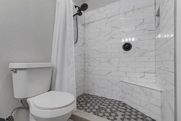 a bathroom with a toilet and a shower