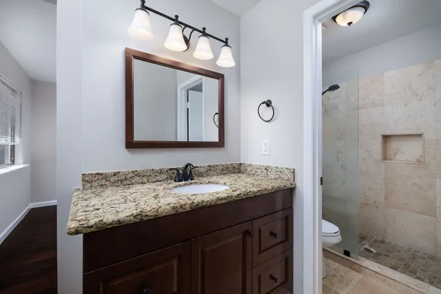 a bathroom with a granite countertop sink a toilet and a mirror