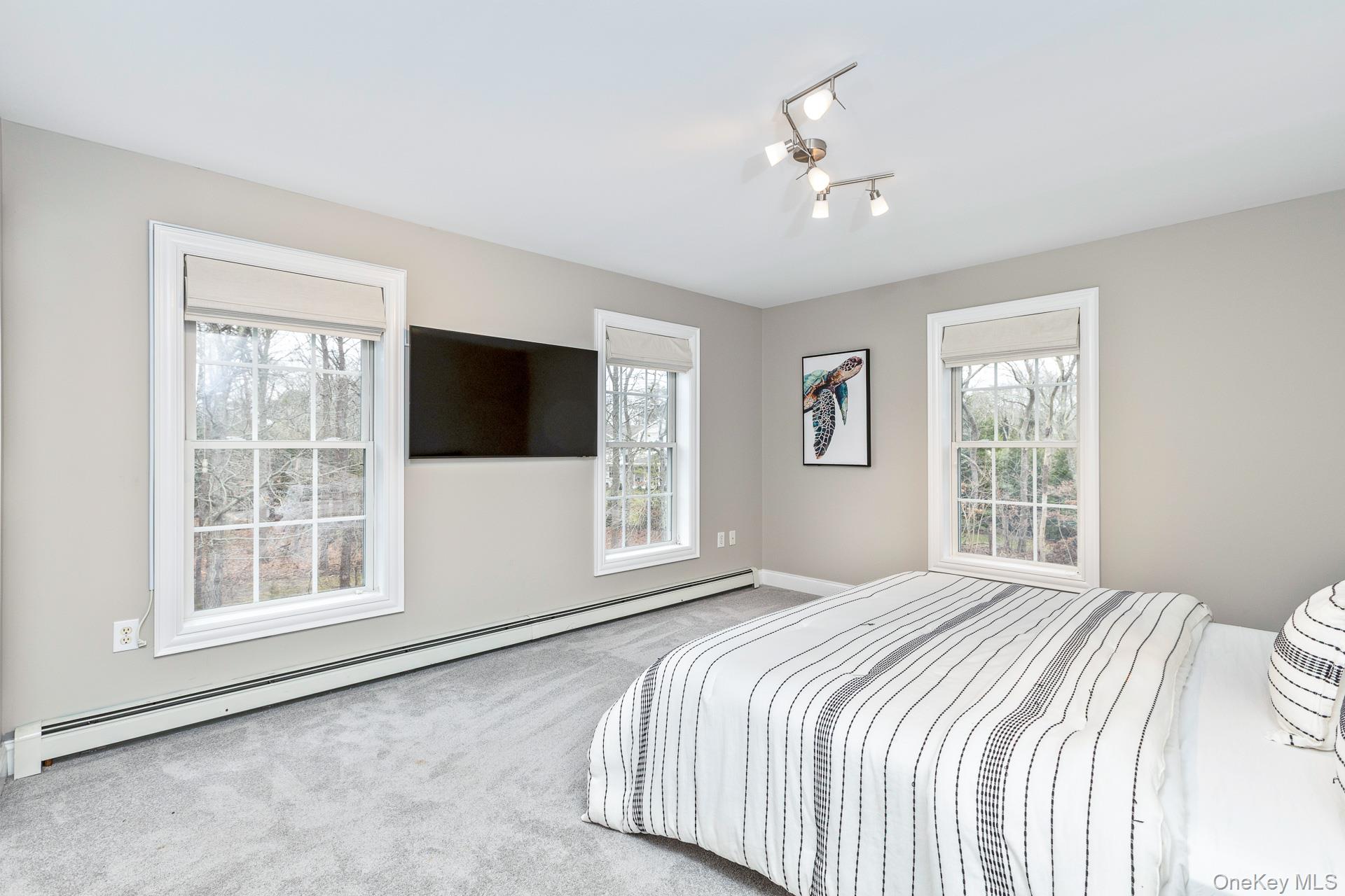 26 Box Tree Road East Quogue, NY 11942 - Photo 35 of 49 a bedroom with a large bed and a flat tv screen