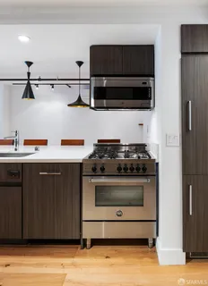 a kitchen with stainless steel appliances a stove a microwave and a refrigerator