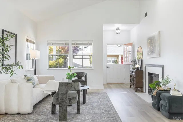 a living room with furniture a fireplace and a potted plant