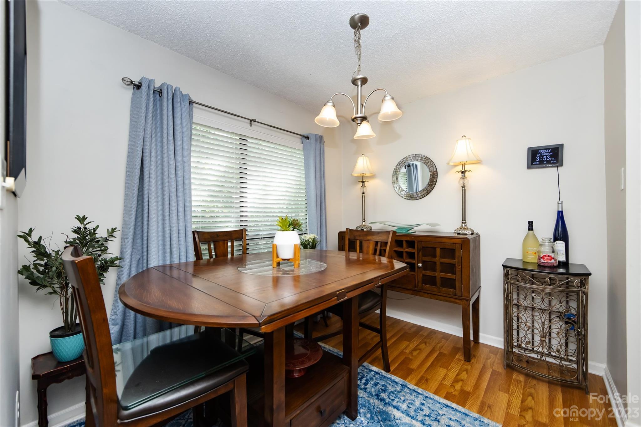 11114 Harrowfield Road Charlotte, NC 28226 - Photo 14 of 25 a view of a dining room and livingroom with furniture wooden floor a rug a potted plant and a chandelier