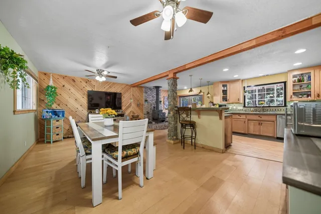 a view of a dining room with furniture