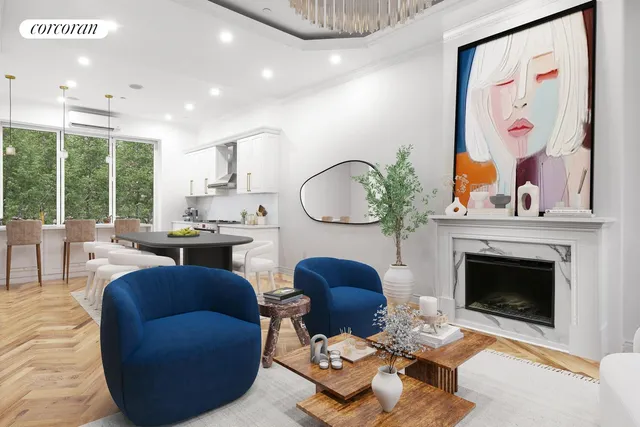 a living room with furniture a fireplace and a floor to ceiling window