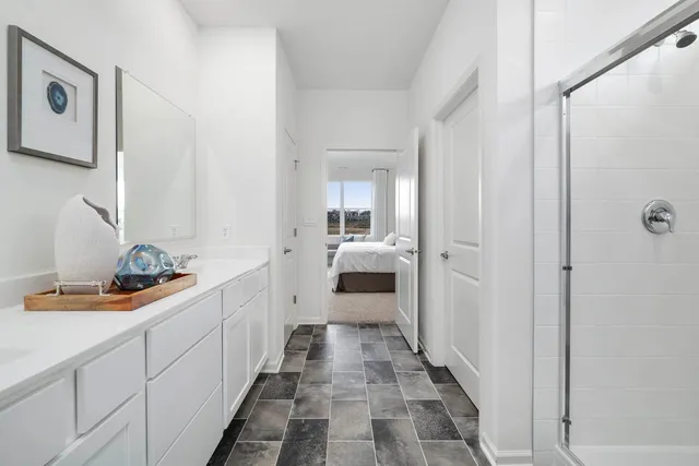 an aerial view of a swimming pool