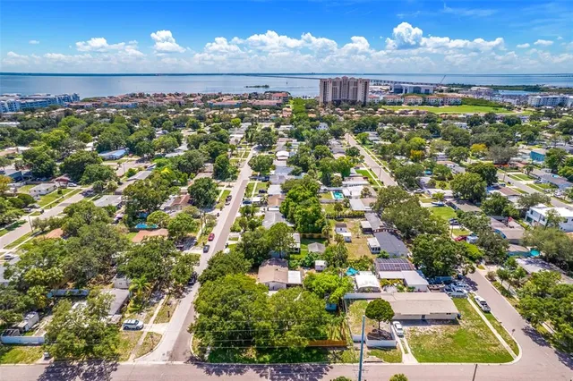 an aerial view of a house with a yard and a large tree