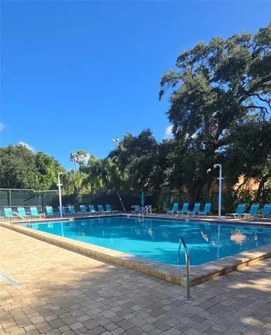 a view of a park with large trees