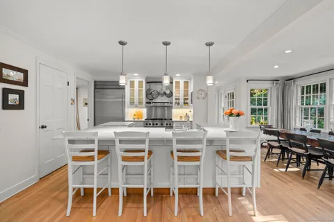 a view of a dining room with furniture