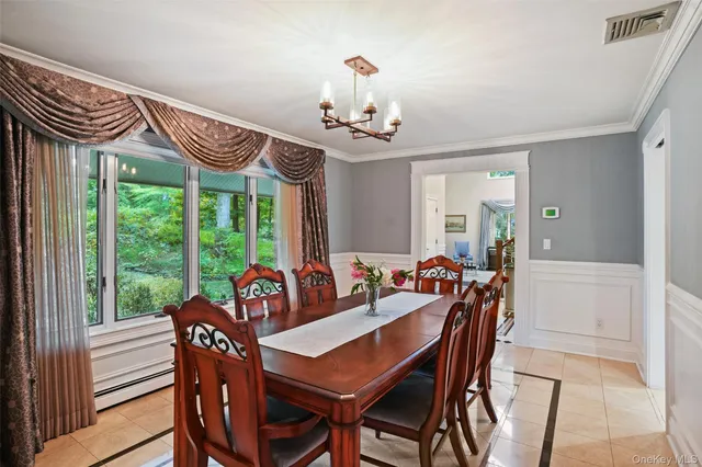 a view of a dining room with furniture window and outside view