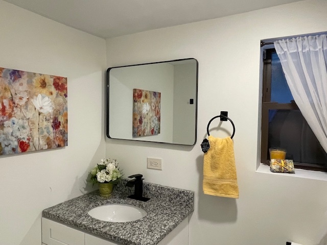 446 East 90th Street Chicago, IL 60619 - Photo 30 of 36 a bathroom with a granite countertop sink and a mirror