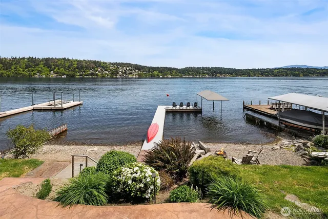 a view of a lake with houses in the back