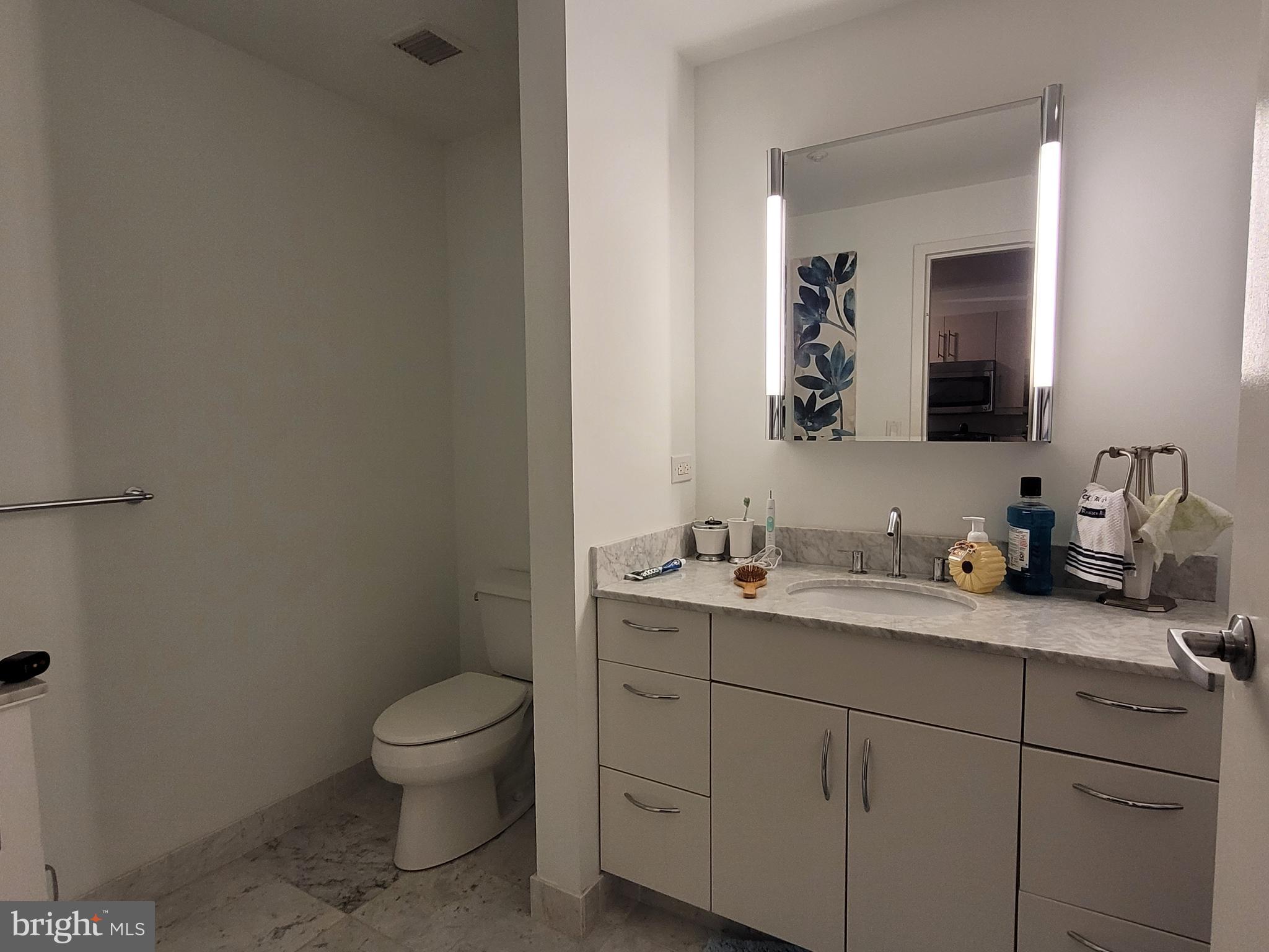 219-29 South 18th Street, Unit 405A Philadelphia, PA 19103 - Photo 9 of 19 a bathroom with a toilet a sink and mirror