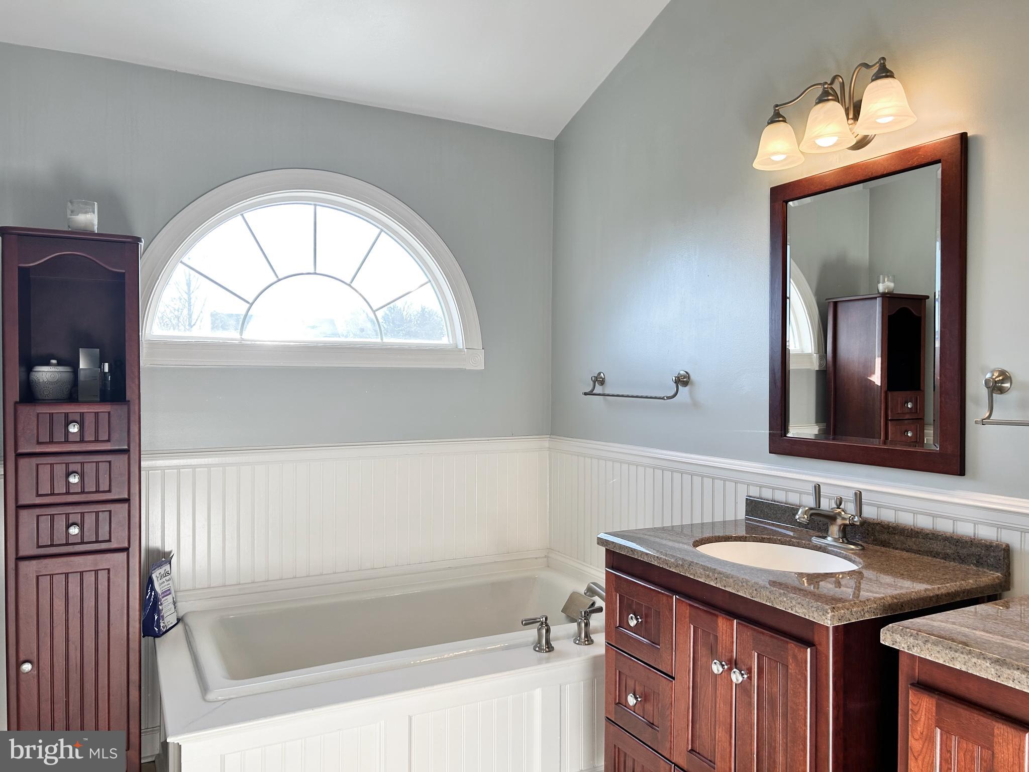 515 Chestertown Street Gaithersburg, MD 20878 - Photo 33 of 50 a bathroom with a granite countertop sink a mirror and a bathtub
