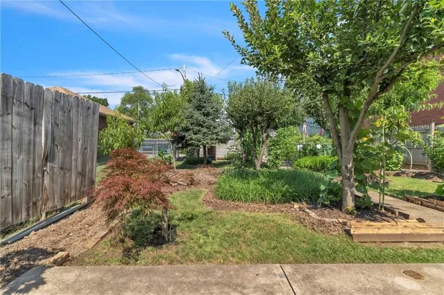 a backyard of a house with plants and trees
