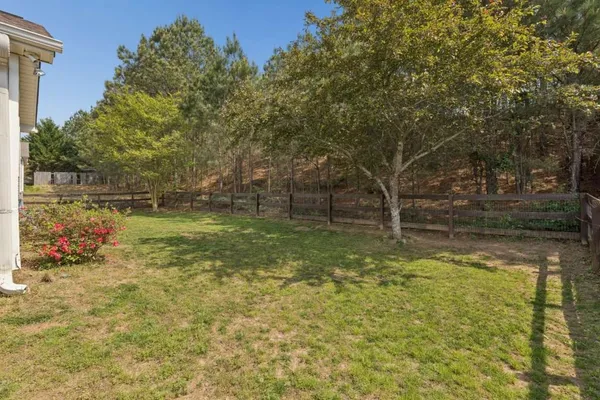 a view of a yard with large trees