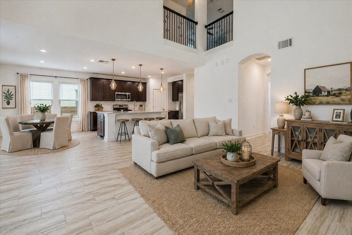 8008 Prairie Rye Drive Lago Vista, TX 78645 - Photo 3 of 40 Open-concept interior featuring light wood-finish flooring, a two-story ceiling, a kitchen island with pendant lighting, dark wood cabinetry, and stainless steel appliances