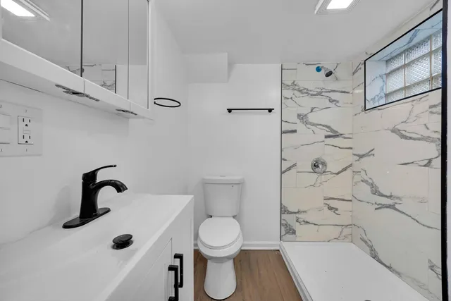 a bathroom with a sink a toilet and a shower