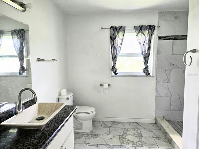 a bathroom with a granite countertop sink toilet and shower