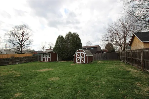 a view of a backyard with plants and large trees