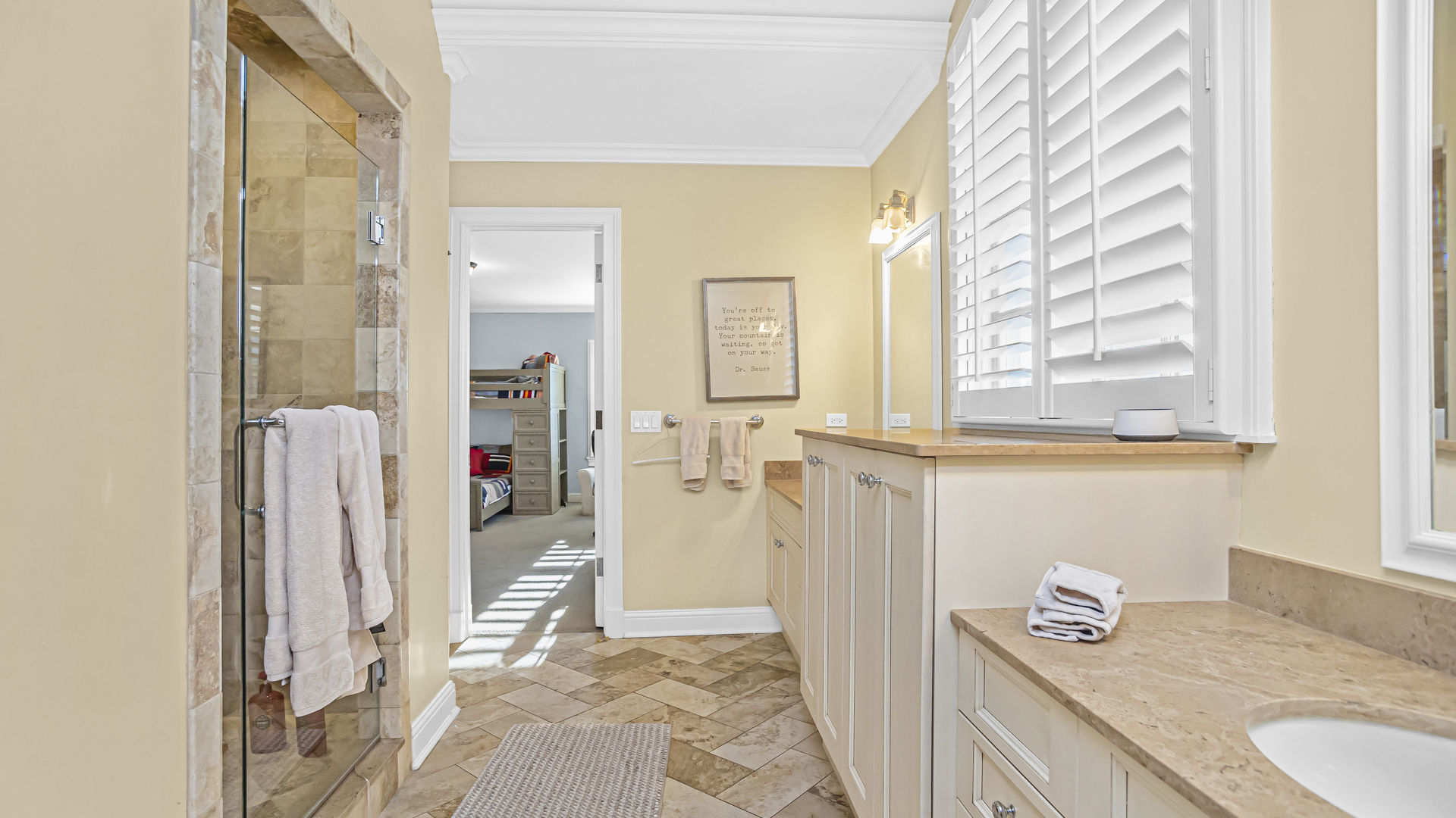 833 Chatham Road Glenview, IL 60025 - Photo 35 of 50 a bathroom with a granite countertop sink a mirror and a shower