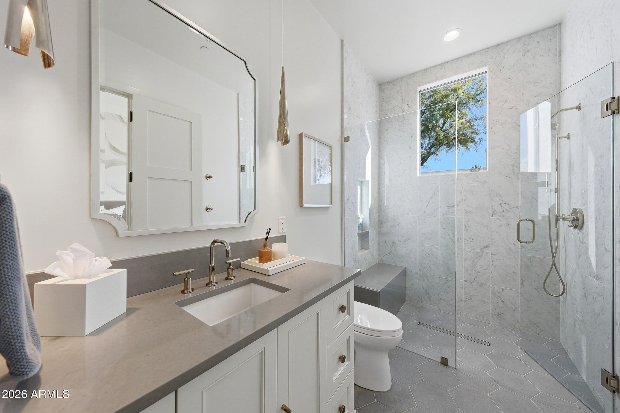 5102 East Butler Drive Paradise Valley, AZ 85253 - Photo 79 of 111 a bathroom with a sink toilet double vanity and shower