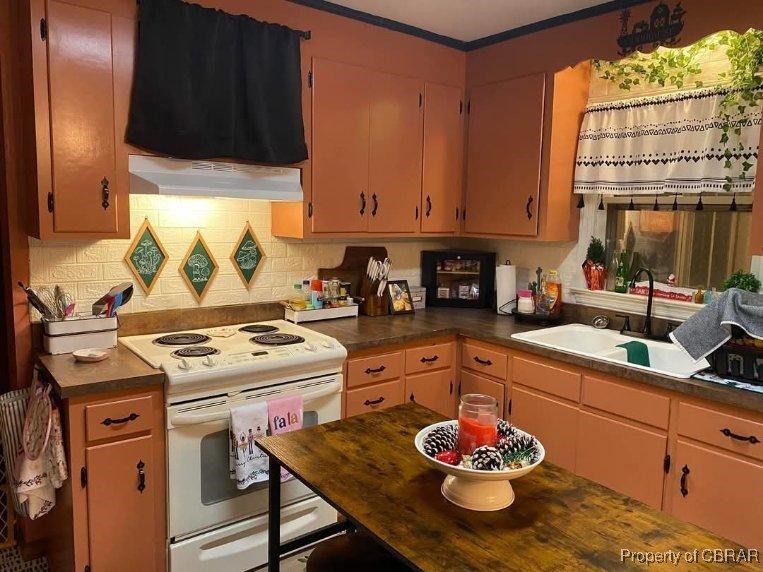 16 Solitude Drive Reedville, VA 22539 - Photo 4 of 21 Kitchen with white electric range oven, dark countertops, tasteful backsplash, under cabinet range hood, and a sink