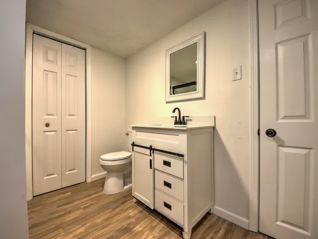 a bathroom with a toilet a sink and mirror