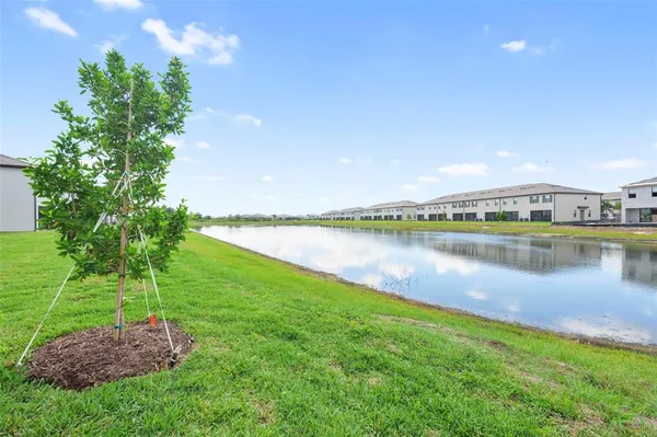 a view of a garden with a lake