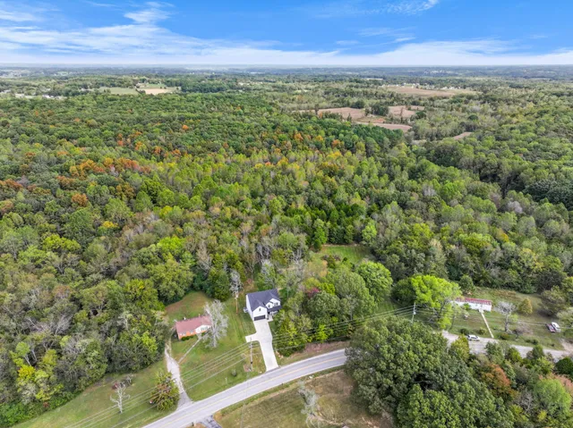an aerial view of residential houses with outdoor space and trees