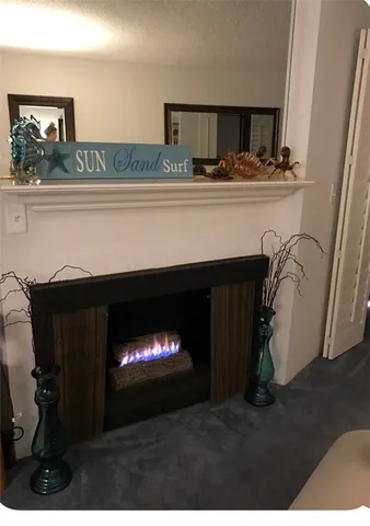 a living room with a fireplace furniture and a potted plant