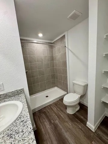 a bathroom with a granite countertop sink a toilet a mirror and bathtub