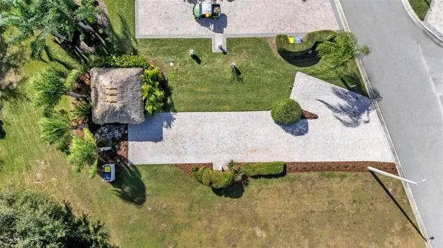 an aerial view of a swimming pool