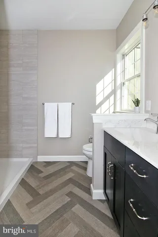 a bathroom with a sink a toilet and bathtub