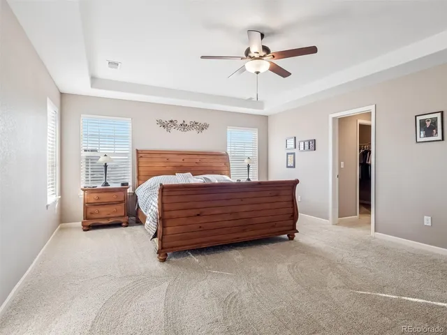 a bed room with a bed and a ceiling fan