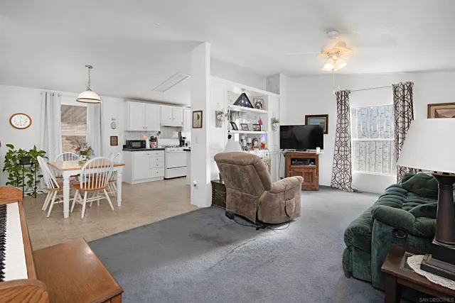 a living room with furniture and a dining table with kitchen view