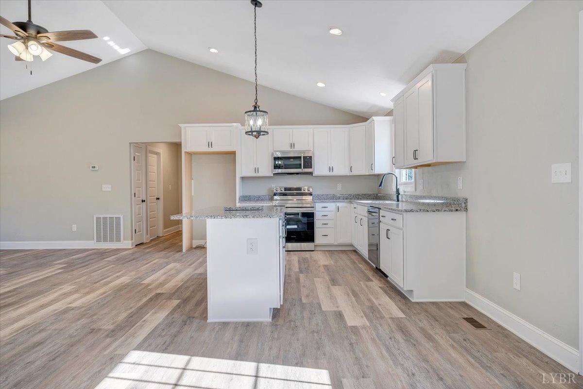 5934 Joppa Mill Road Moneta, VA 24121 - Photo 11 of 45 a large kitchen with stainless steel appliances granite countertop a stove a sink dishwasher and a refrigerator with wooden floor