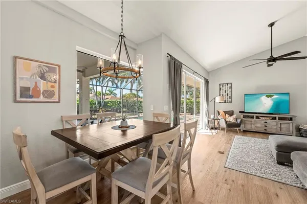 a view of a dining room with furniture window and outside view