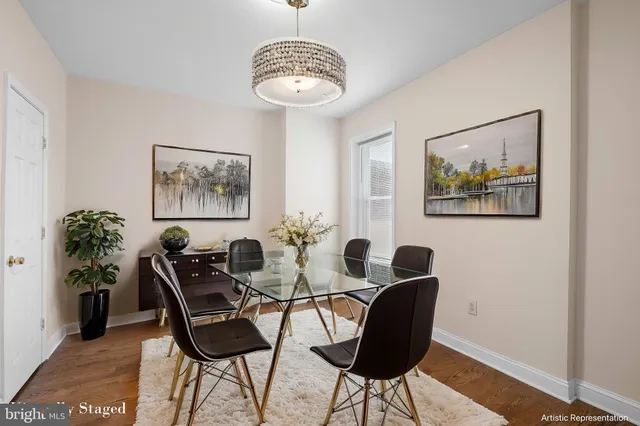 a view of a dining room with furniture and wooden floor