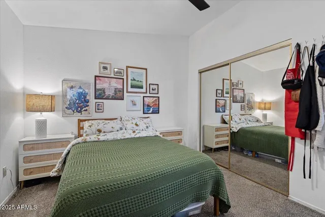 a bedroom with a bed and a walk in closet